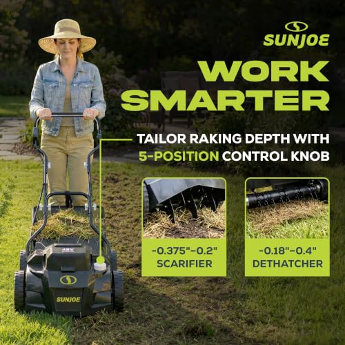 Sun Joe 24V-X2-DTS15 Scarifier and Dethatcher Kit, 5-Depth Positions, 15-inch, Brushless Motor, w/ 2 x 24-V 4.0-Ah Batteries and Dual Port Charger