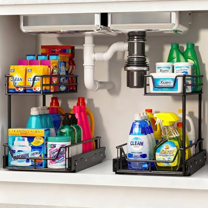 2-Pack Under Sink Organizer Value Set, 54kg Total Load - Easy-Glide Steel Pull-Out Drawers & Slide-Out Storage for Kitchen & Bathroom Cabinets, Fits Height≥48cm & Depth≥46cm 2X Storage Solution Black