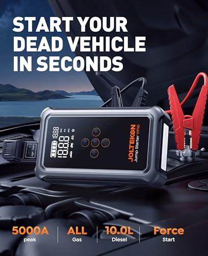Joltekon 5000A Jump Starter with 150PSI Air Compressor, 12V Car Battery Booster Pack (All Gas/10L Diesel), Portable Power Bank with 22-Cylinder Tire Inflator, LCD Display, Smart Jumper Cables