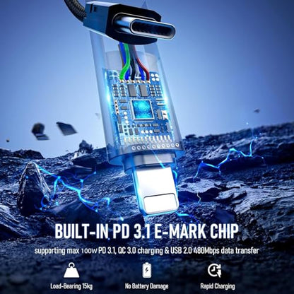 4-in-1 Charging Cable Fast Charging, USB C Braided Cable 4-in-1 USB Multi Cable with E-Mark Chip, Multiple iPhone Charger Cord for iPhone 16/15/14/13 Series/Pad/Android/Tablets and More(3.3FT)