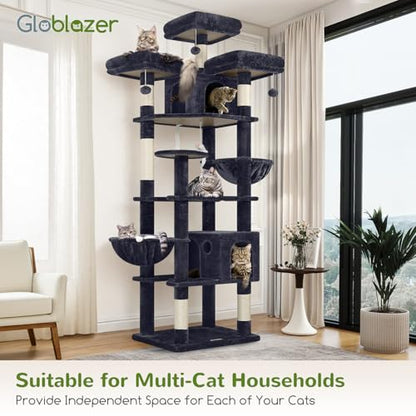 Globlazer Cat Trees and Towers for Multiple Adult Cats, 82-inch XXL Tall Cat Tree Tower for Indoor Cats with Scratching Post, 3 Perches, 2 Hanging Baskets, 2 Condos, Dark Grey, F82