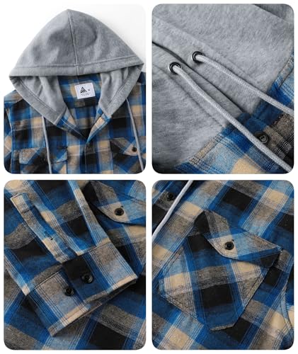 ZITY Mens Flannel Plaid Shirt Jacket Button Down Hoodie with Front Pockets