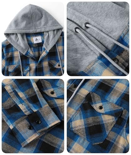 ZITY Mens Flannel Plaid Shirt Jacket Button Down Hoodie with Front Pockets