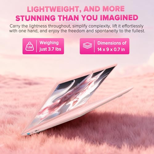 Auusda Lightweight Portable Pink Laptop, Win 11 Pro, 4-Core Processor
