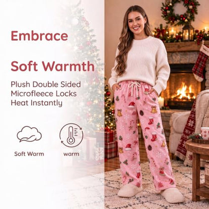 Generic Womens Fleece Pajamas Pants Cute Christmas Pj Pants Plush Sleepwear | Warm Soft Pj Pants for Women Christmas Pajamas Pants Cute Santa Hat Print Pj Bottoms Fuzzy Drawstring Lounge Pant with Pocket