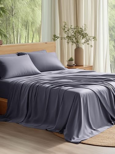 Bedsure Drap de lit Queen Size - Parure de lit 4 pièces 100 % rayonne de bambou gris foncé