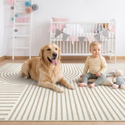 5x7 Area Rugs for Living Room: Boho Washable Soft Nursery Rug Geometric Jacquard Textured Non Slip Baby Girl Rug Carpets for Bedroom Nursery Dining Room Home Office - Beige