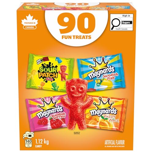 Maynards, Assorted Individually Wrapped Candy 1.12kg (Pack of 90) | Sour Patch Kids, Fuzzy Peach, Swedish Berries, Swedish Fish, Gummy Candy, Sour Candy, Prepared in Canada