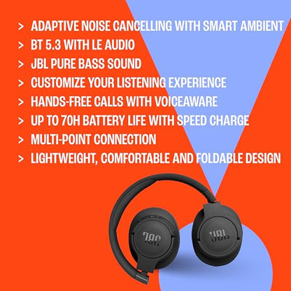 JBL Tune 770NC - Adaptive Noise Cancelling with Smart Ambient Wireless Over-Ear Headphones, Bluetooth 5.3, Up to 70H Battery Life with Speed Charge, Lightweight, Comfortable & Foldable Design (Blue)