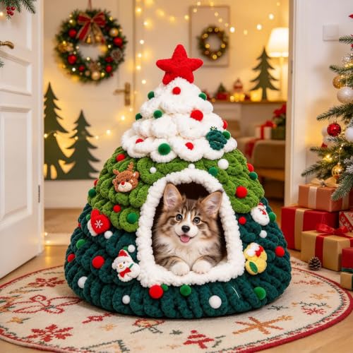 Christmas Tree Cat Bed Knitted Warm Indoor Nest Cat Tent for Small Pets | 20*24in Xmas Cat Tree Festive Holiday Warm Cat House for Naps Hiding and Relaxing for Small Cats Puppies and Small Pets