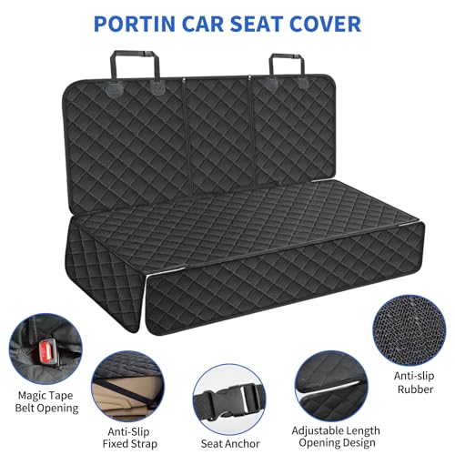 Portin Dog Car Seat Covers Pet Seat Cover, Waterproof, 60in Wide, Black | Scratch Proof Nonslip Bench Baskseat Protective Cover Compatible for Middle Seat Belt Fits Most Cars Trucks and SUVs MPVs