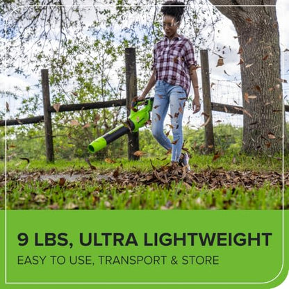 Greenworks 48V (24V x 2) Brushless Cordless Leaf Blower (140 MPH / 585 CFM) / Turbo Mode Electric Axial Blower for Yard Debris Leaves Dust Cleanup, (2) 4Ah Batteries & Dual Port Charger Included