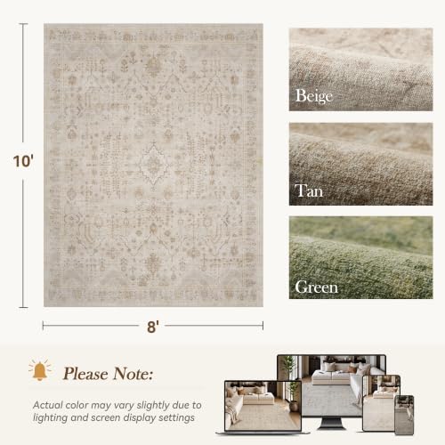 Area Rug 8x10 Rugs for Living Room Machine Washable Rug Non Slip Vintage Bedroom Carpet for Living Room Bedroom Dining Room Rug Beige