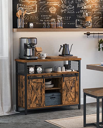 VASAGLE Buffet Cabinet, Coffee Bar Storage Cupboard, Sideboard with 2 Sliding Barn Doors, Adjustable Shelves, 33 x 100 x 80 cm, for Living Room, Rustic Brown and Ink Black ULSC092B01