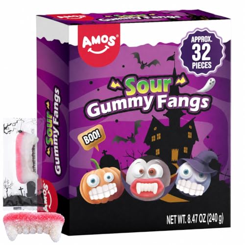 AMOS Sour Gummy Fangs, 240g Sour Sand Vampire Teeth Gummy Candy, Individually Wrapped Halloween Treats for Kids & Parties Approx 32 Pieces