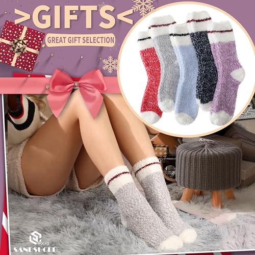 Womens Fuzzzy Socks Fluffy Slipper Winter Warm Cozy Thick Plush Cabin Soft Fleece Comfy Sleep Soft Socks Christmas Gift Stocking Stuffers for Mom Her Wife Teen Girls (Red Stripe Cuff)
