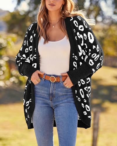 BTFBM Cardigan for Women Leopard Long Sleeve Open Front Cardigans Sweaters Pockets Loose Knit 2026 Spring Outfits(Black, Small)