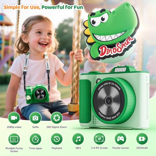 Kids Camera for Big Boys and Girls Flip Screen2.4+Telescopic Zoom 1080P Selfie Photo+Video Digital Camera for Age 5-12 with Cartoon Cover & SD Card Gift Best Chritmas Birthday Festival Gift(Green)