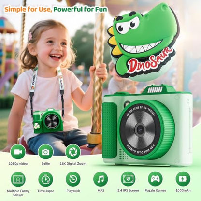 Kids Camera for Big Boys and Girls Flip Screen2.4+Telescopic Zoom 1080P Selfie Photo+Video Digital Camera for Age 5-12 with Cartoon Cover & SD Card Gift Best Chritmas Birthday Festival Gift(Green)