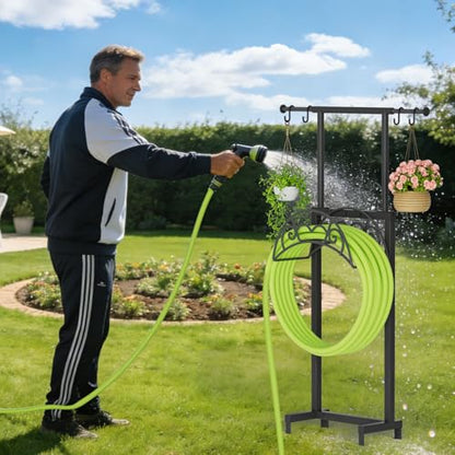 NEYCIL Garden Hose Holder with Telescopic Pole, Freestanding Garden Hose Stand Stake with 4 Spikes, Heavy Duty Sturdy Metal Hose Storage Rack and Hanger for Outside Yard Lawn Farm, Black
