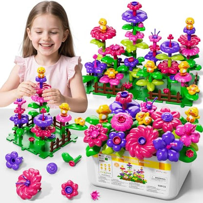 Flower Garden Building Toys for Kids, DIY Stacking Toys with Storage Box