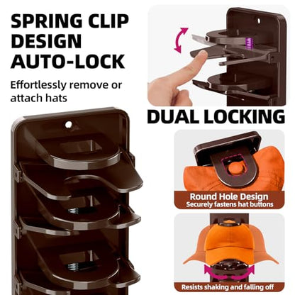Spring Clip Hat Organizer for Baseball Caps – 2 Pack, Wall Hat Rack for Door & Closet – Keeps 20 Hats Tidy in Garage, Dorm, Man Cave – Multi-Layer Cap Storage (Brown)