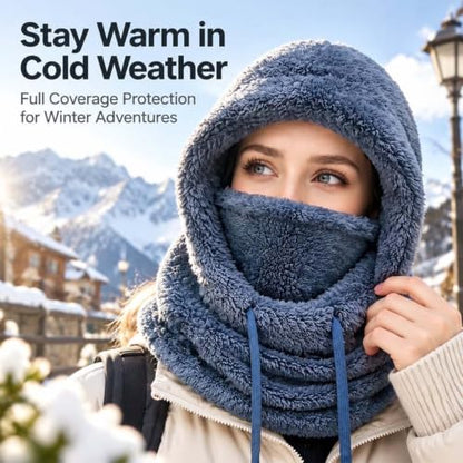 3 in 1 Winter Hooded Hat for Women Fleece Balaclava Face Mask Blue