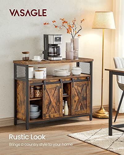 VASAGLE Buffet Cabinet, Coffee Bar Storage Cupboard, Sideboard with 2 Sliding Barn Doors, Adjustable Shelves, 33 x 100 x 80 cm, for Living Room, Rustic Brown and Ink Black ULSC092B01
