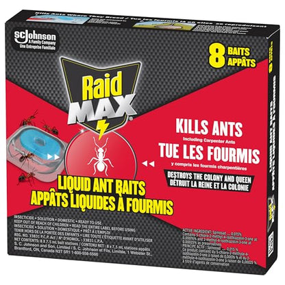 Raid Max Double Control Liquid Ant Killer Baits and Traps, Kills Ants Where They Breed, For Indoor Use, Child Resistant, 8 Bait Stations
