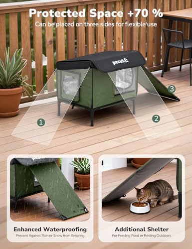 Pecute Heated Outdoor Cat House, Weatherproof Insulated Shelter | 6-layer insulation, 2 Exits, Reinforced Metal Frame, Adjustable Canopy, Washable Pad, For Feral Cats, Porch, Barn, Winter