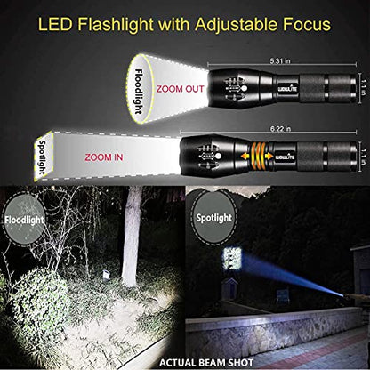 wowlite Tactical Flashlight, Wowlite Ultra Bright XML T6 LED Torch with 5 Light Modes & Adjustable Focus for Emergency Camping Hiking (2 Pack)