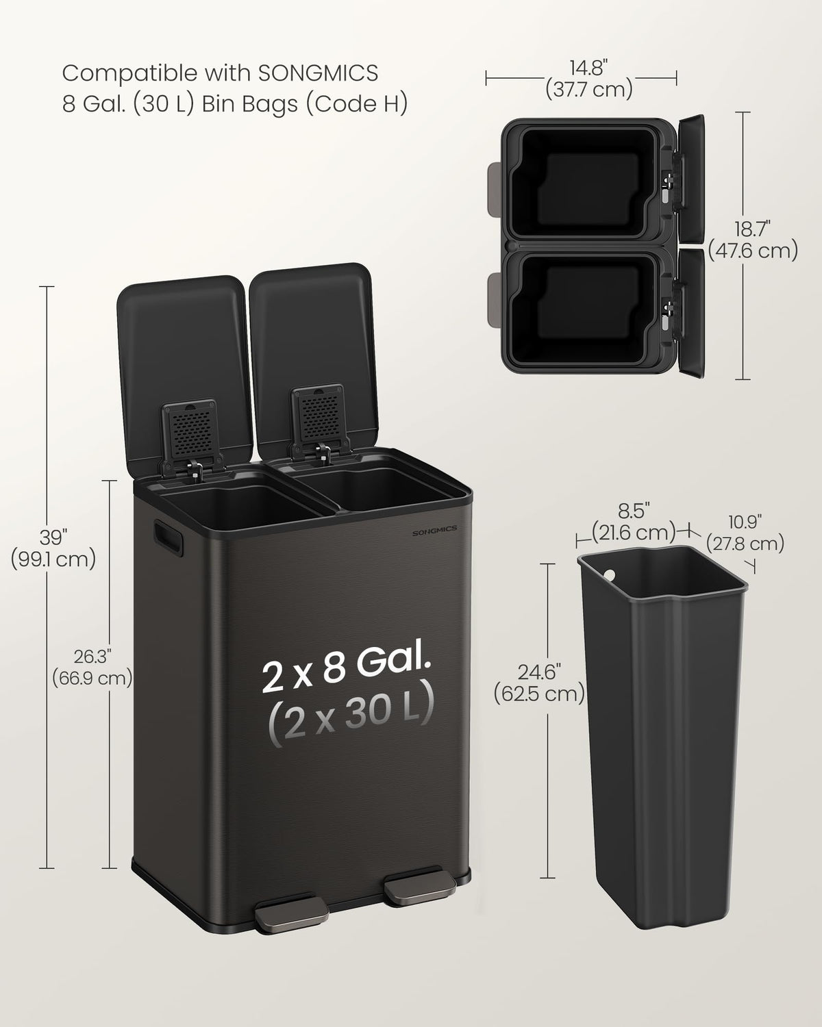 SONGMICS Trash Can, 2 x 8 Gallon (2 x 30 L) Dual-Compartment Garbage Can with Soft-Close Lid, Pedal and Inner Buckets, Stainless Steel, Includes 15 Liner Bags, Slate Gray ULTB741G01