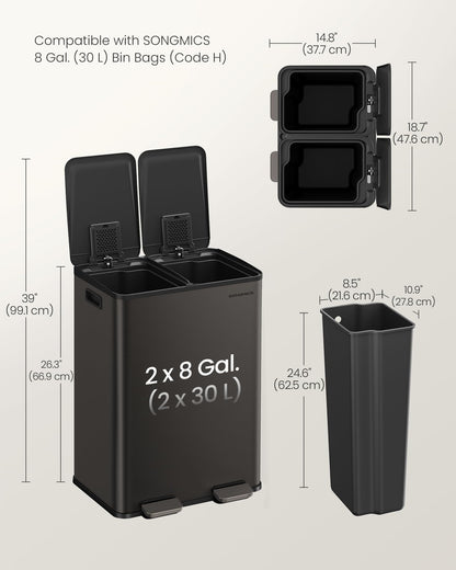 SONGMICS Trash Can, 2 x 8 Gallon (2 x 30 L) Dual-Compartment Garbage Can with Soft-Close Lid, Pedal and Inner Buckets, Stainless Steel, Includes 15 Liner Bags, Slate Gray ULTB741G01