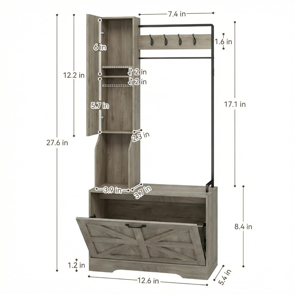 Hall Tree with Bench, Entryway Bench with Mirror and Shoe Rack, Grey