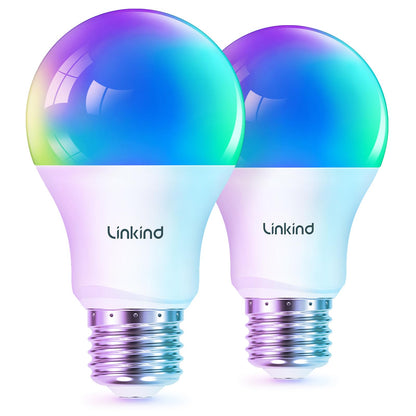 Linkind Matter Smart Light Bulb, Smart Bulbs Work with Apple Home/Siri/Alexa/Google Home, RGBTW Color Changing Bulbs Music Sync, A19 E26 60W 800LM, 2.4Ghz WiFi Only, 2 Pack