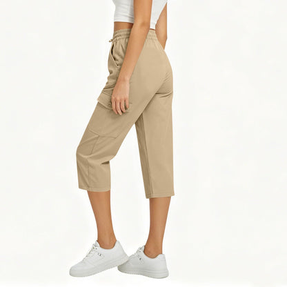 Capri Pants for Women High Waist Cargo Capri Pant Elastic Drawstring Cropped Work Pants with Pockets Summer Casual Trousers Khaki XL X-Large
