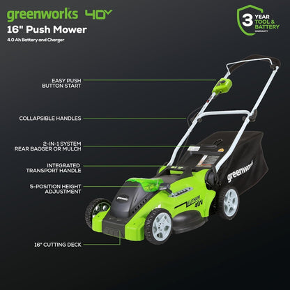 Greenworks 40V 16-inch Cordless Lawn Mower, 4.0 Ah Battery and Charger Included 25242
