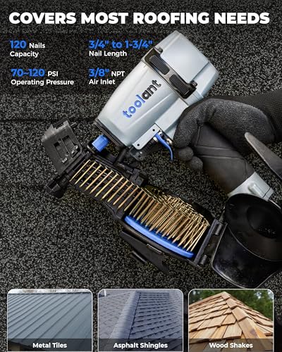 toolant Pneumatic Roofing Coil Nailer for 3/4" to 1-3/4", 15 Degree Nails