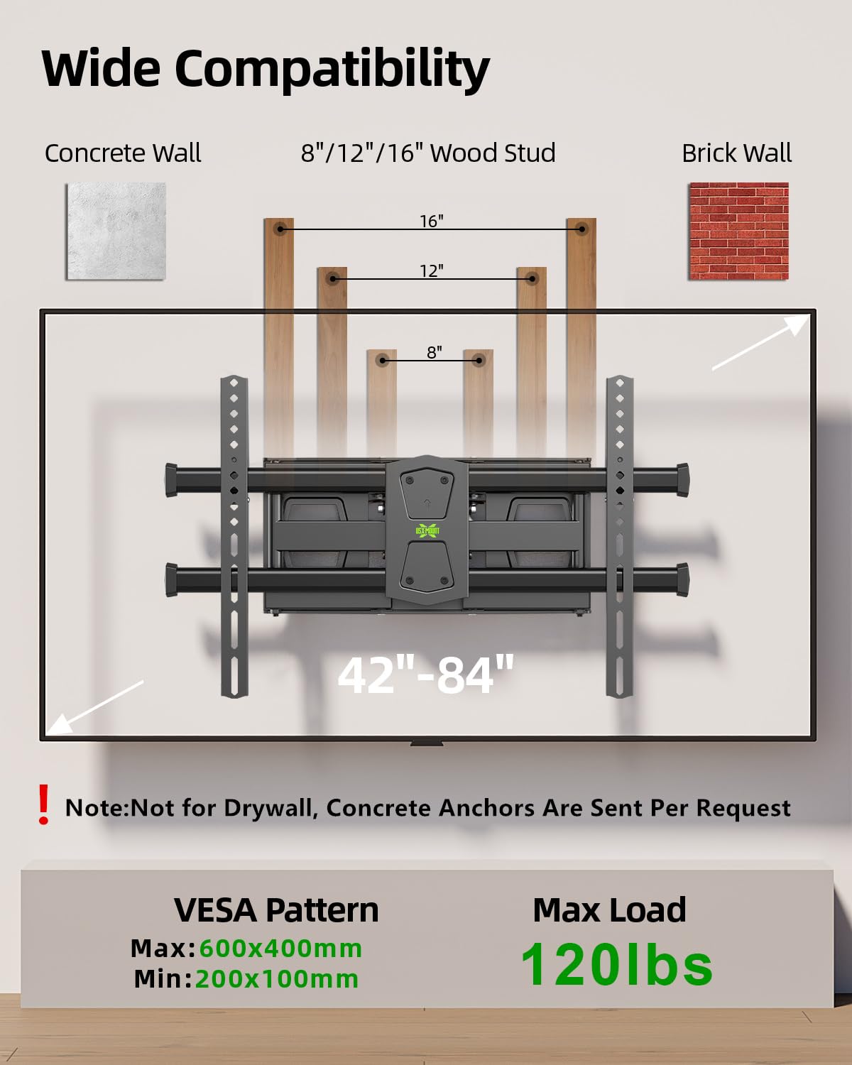 USX MOUNT Full Motion TV Wall Mount for 42"-84" TVs, Swivel and Tilt TV Mount, Wall Mount TV Bracket with Articulating 6 Arms, Max VESA 600x400mm, 120 lbs, 16" Wood Studs with Wall Drilling Template