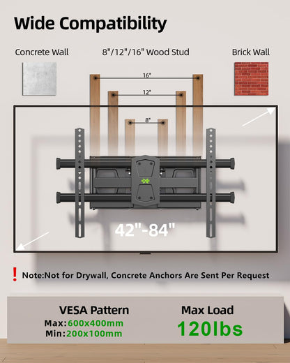 USX MOUNT Full Motion TV Wall Mount for 42"-84" TVs, Swivel and Tilt TV Mount, Wall Mount TV Bracket with Articulating 6 Arms, Max VESA 600x400mm, 120 lbs, 16" Wood Studs with Wall Drilling Template