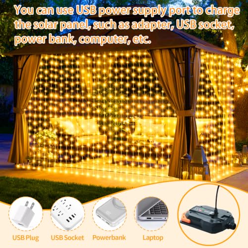 Curtain Lights Outdoor 10x10Ft 300LED Hanging Solar Lights with Solar & USB-C Charging 13 Modes Dimmable Waterproof Remote Twinkle Fairy String Light for Gazebo Patio Christmas Yard Pavilion Pergola