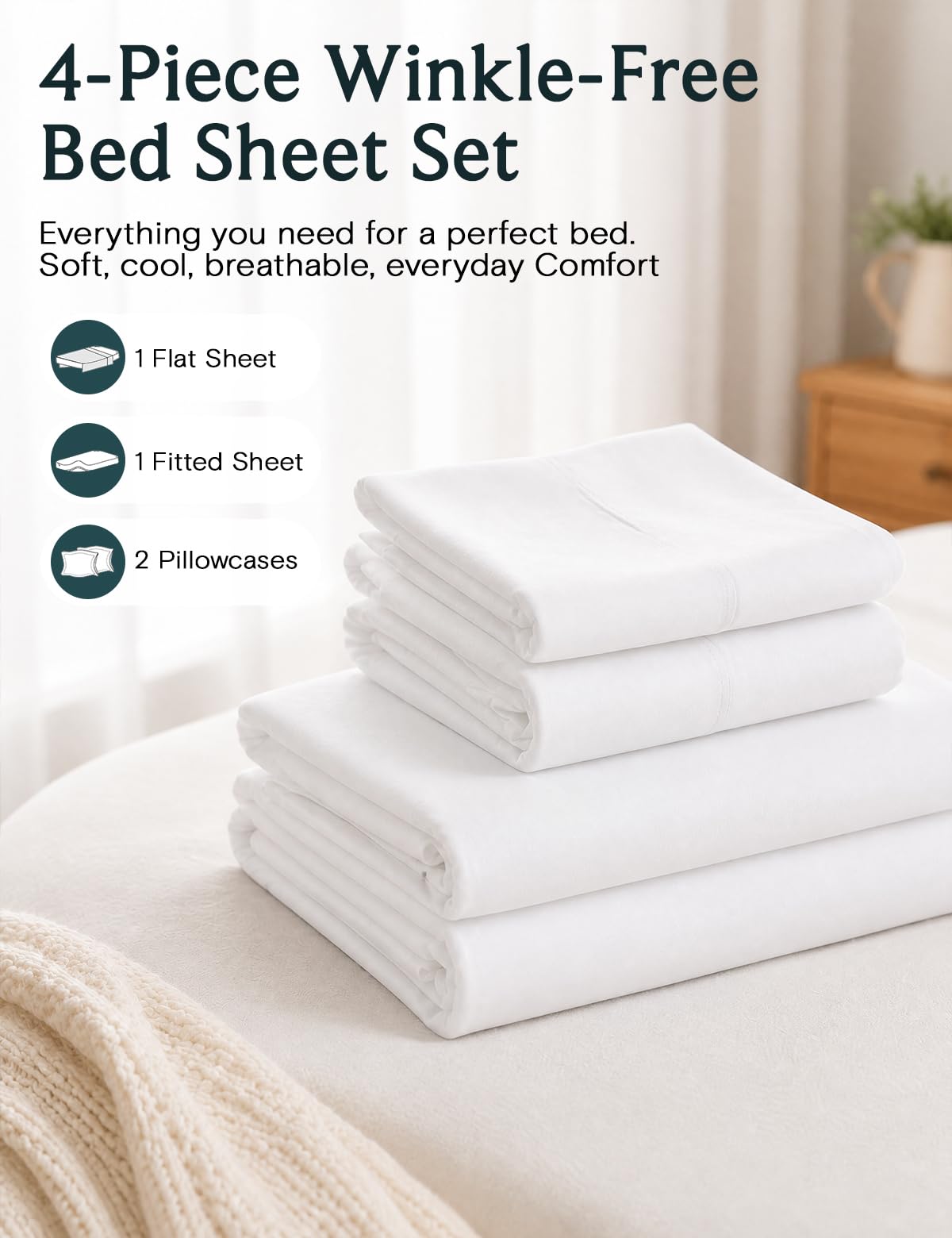 Queen Size Sheet Set, Cooling & Soft Deep Pocket Bed Sheets, 4PC