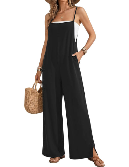 Ekouaer Womens Causal Sleeveless Jumpsuits Summer Boho Wide Leg Floral Overalls Rompers with Pockets Black M