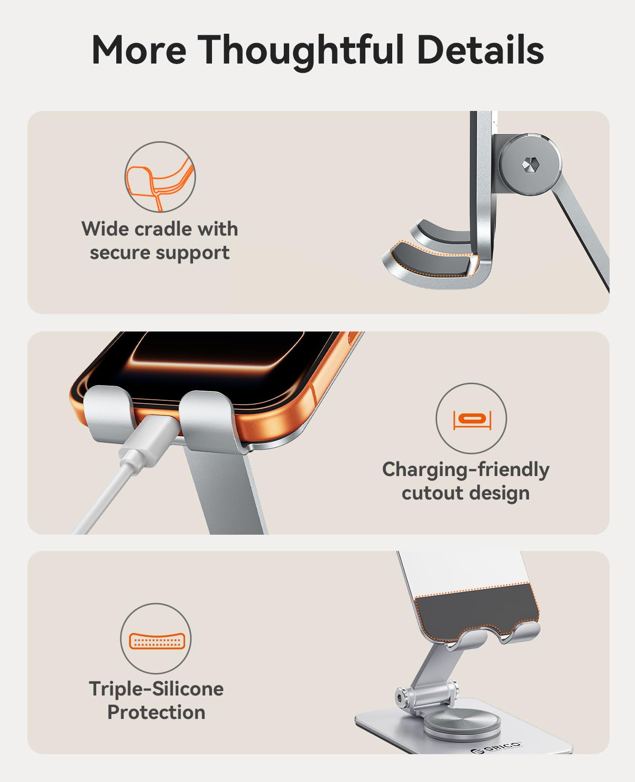 ORICO Aluminum Phone Stand for Desk, Adjustable Metal Phone Holder with Stable Support and Smooth 360° Rotation for Smartphones up to 6.9 Inches – Silver (PS2)