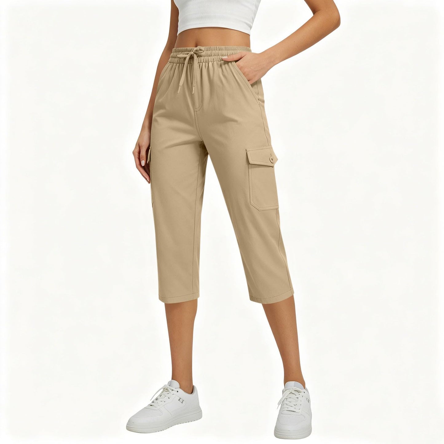 Capri Pants for Women High Waist Cargo Capri Pant Elastic Drawstring Cropped Work Pants with Pockets Summer Casual Trousers Khaki XL X-Large