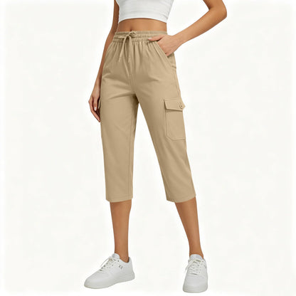 Capri Pants for Women High Waist Cargo Capri Pant Elastic Drawstring Cropped Work Pants with Pockets Summer Casual Trousers Khaki XL X-Large