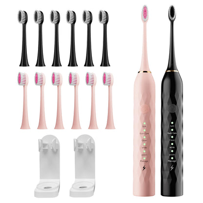 MAXWISDOM Electric Toothbrush 2 Pack - Electric Toothbrush for Adults with 12 Replacement Brush Heads, 2 Toothbrush Holders, 6 Modes (Black & Pink)