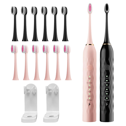 MAXWISDOM Electric Toothbrush 2 Pack - Electric Toothbrush for Adults with 12 Replacement Brush Heads, 2 Toothbrush Holders, 6 Modes (Black & Pink)