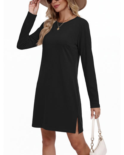 WNEEDU Dresses for Women 2026 Casual Long Sleeve Shirt Fall Outfit,Black,L