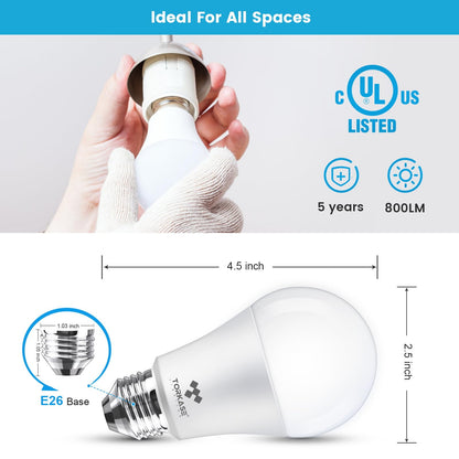 TORKASE A19 LED Light Bulbs 60 Watt Equivalent, 9 Watt 800 LM Bright Standard LED Bulbs Non-Dimmable,E26 Screw Base, 5000K Natural Daylight White,Milky Energy Saving Light Bulbs,UL Listaed(24-Pack)